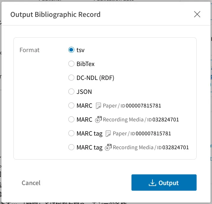 Bibliographic Information Output Dialog